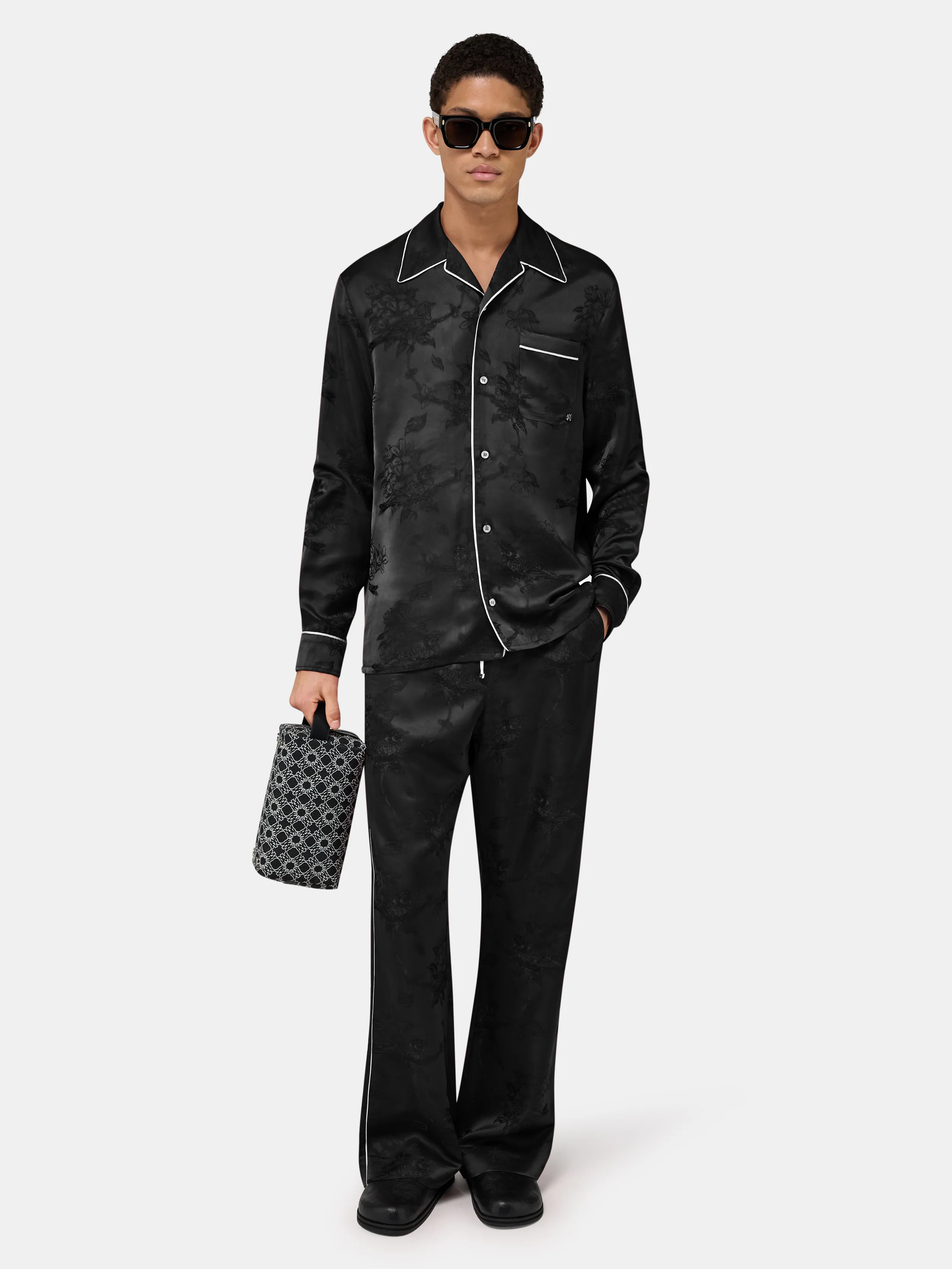FLORAL JACQUARD PAJAMA SHIRT - Black - Image 2