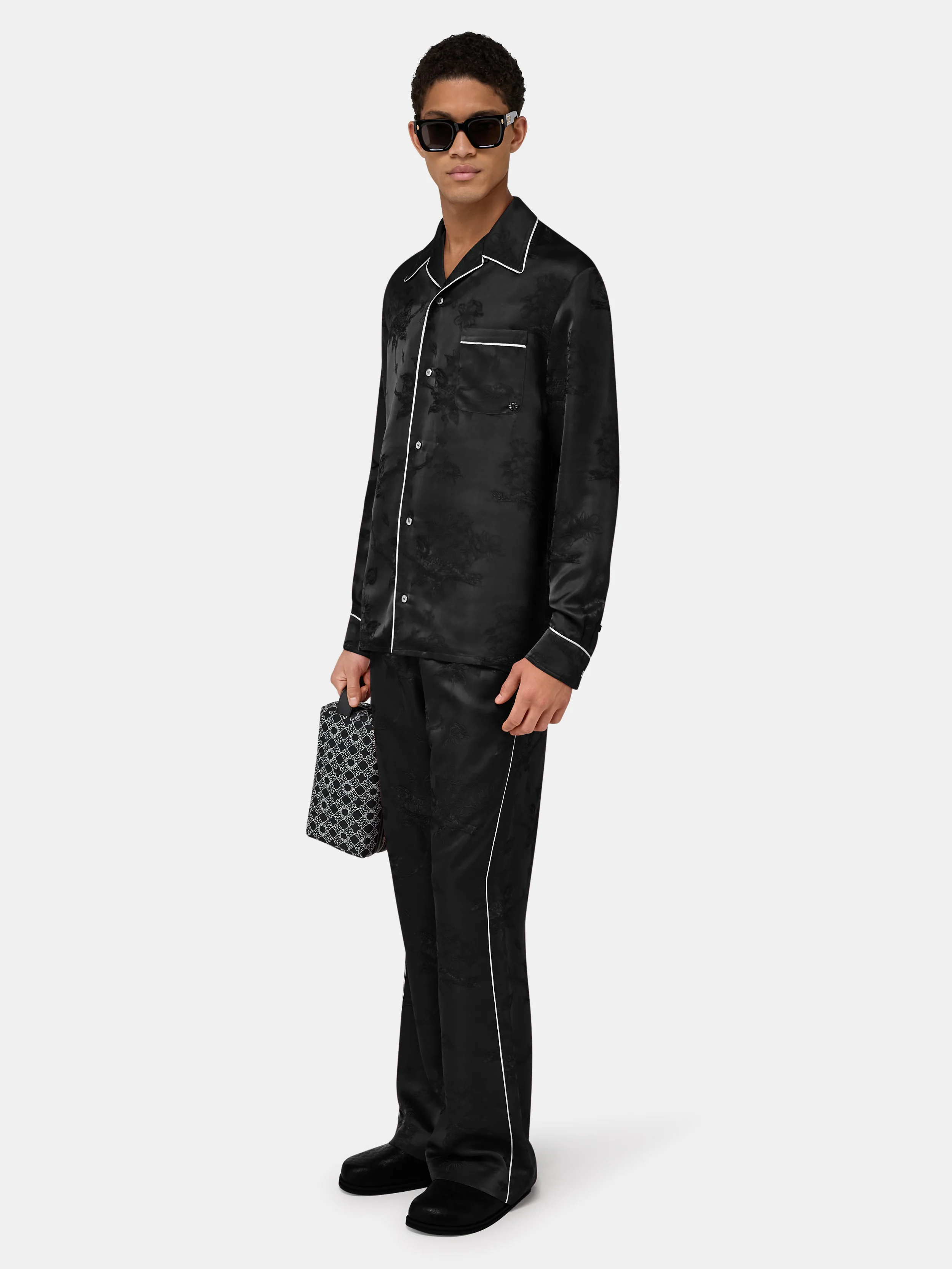 FLORAL JACQUARD PAJAMA SHIRT - Black - Image 3